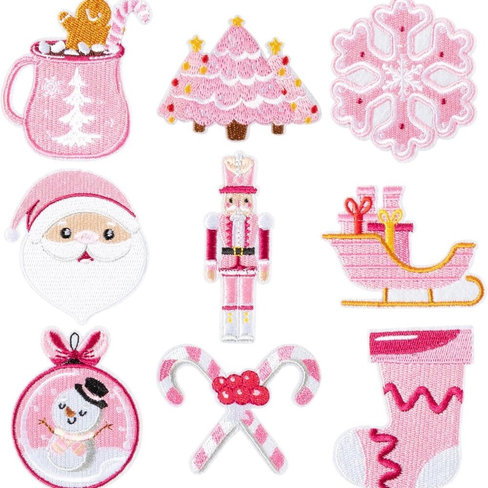 9 Pcs Pink Christmas Iron on Patches Cute Nutcracker Santa Claus Sew on Repair E